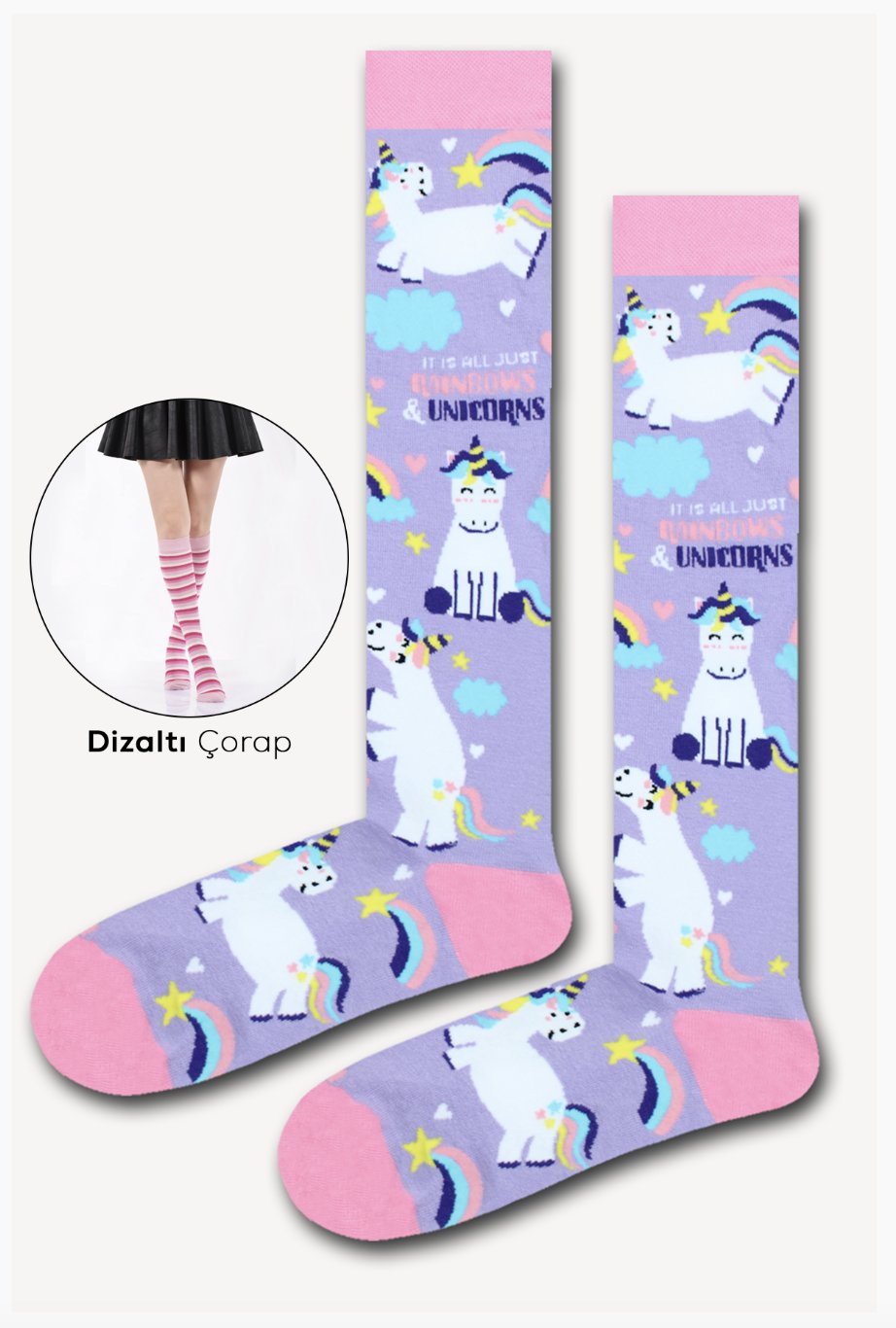 Unicorn Desenli Dizaltı Çorap