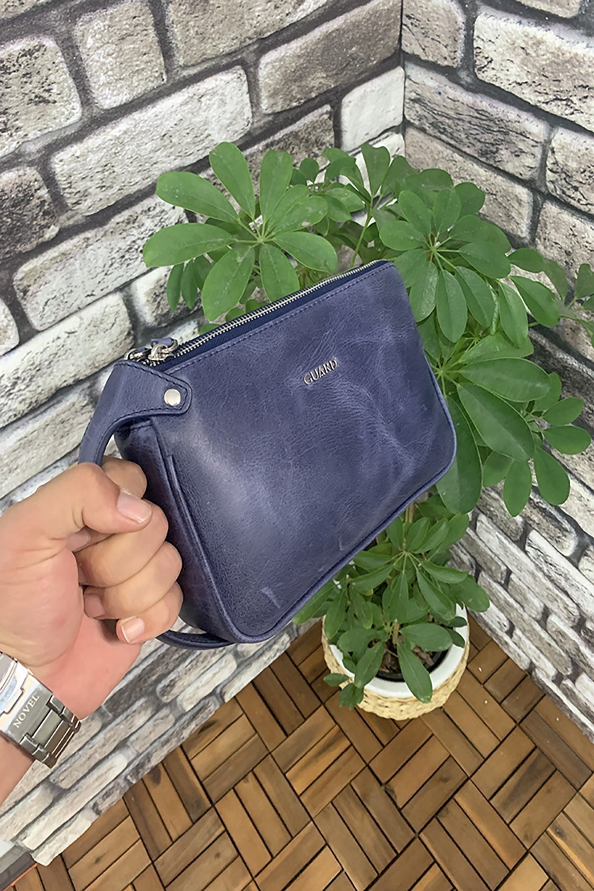 Hakiki Deri Erkek Antik Lacivert Çift Fermuarlı El Çantası (T1553)