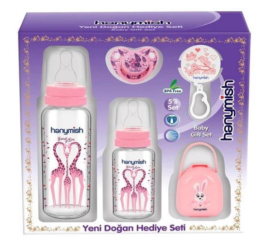 Hanymish Yenidoğan Cam Hediye Seti 5li Pembe