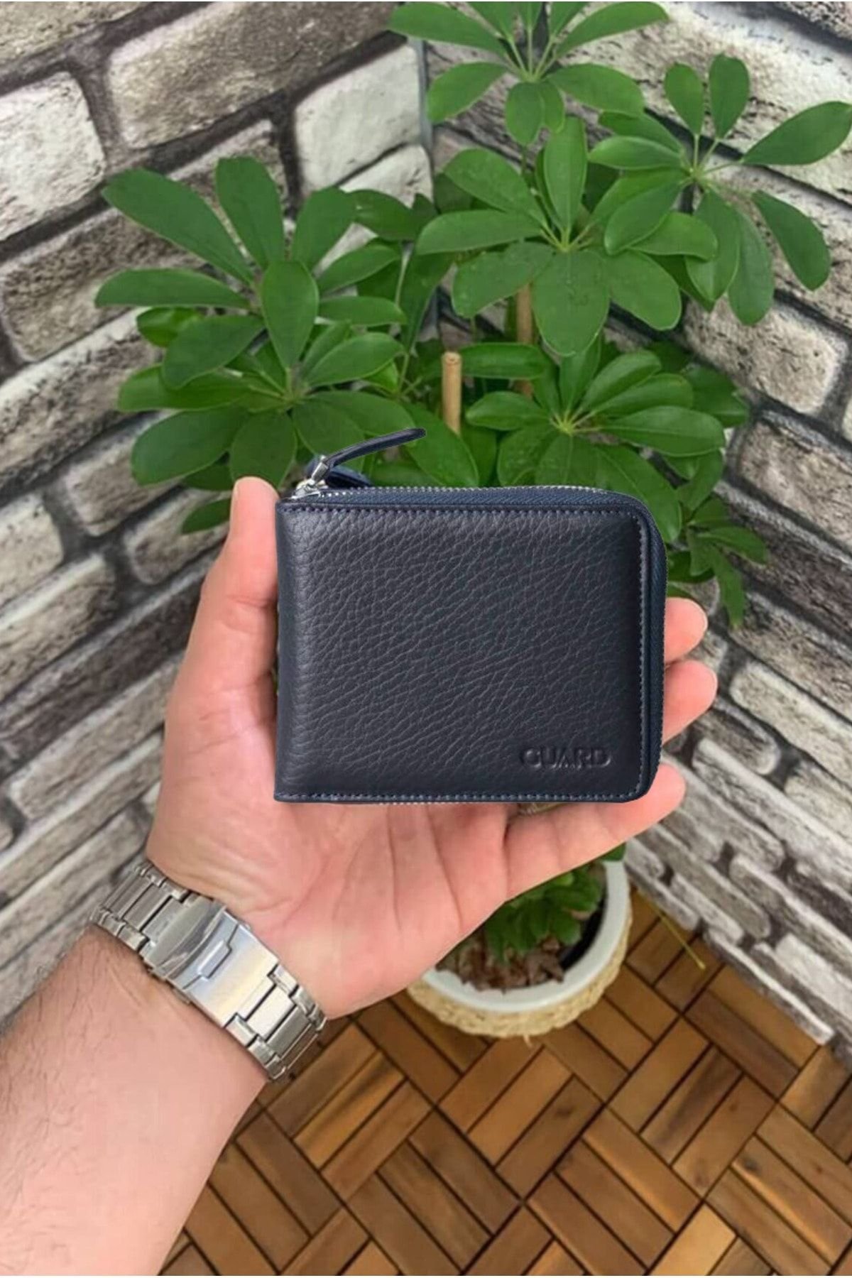 Derije Hakiki Deri Lacivert Fermuarlı Mini Erkek Cüzdanı (T1684)