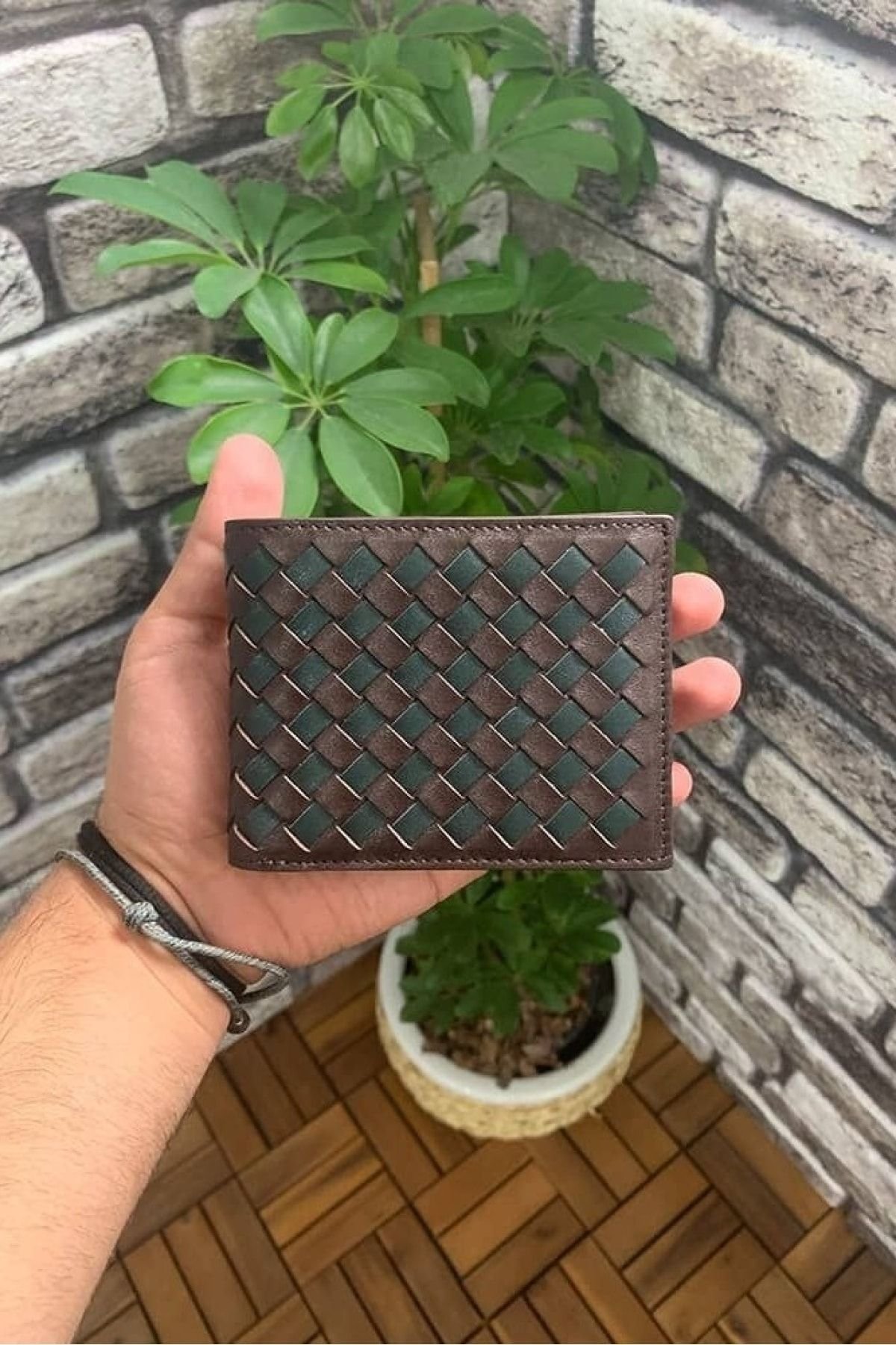 Hakiki Deri Örgü Desenli Kahve/Yeşil Erkek Cüzdanı (T1077)