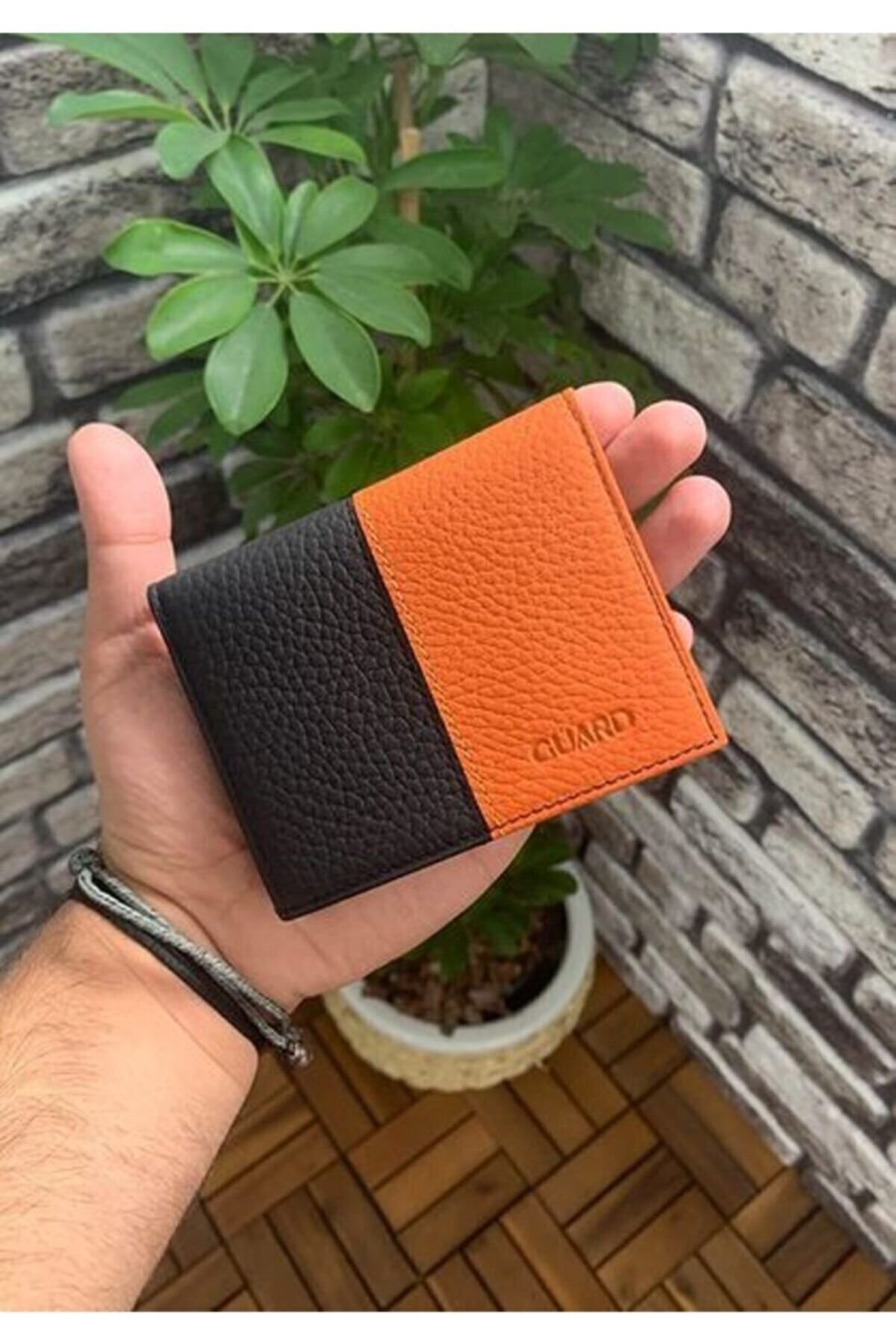 Hakiki Deri Mat Turuncu/Siyah Kurusu Erkek Cüzdanı (T882)
