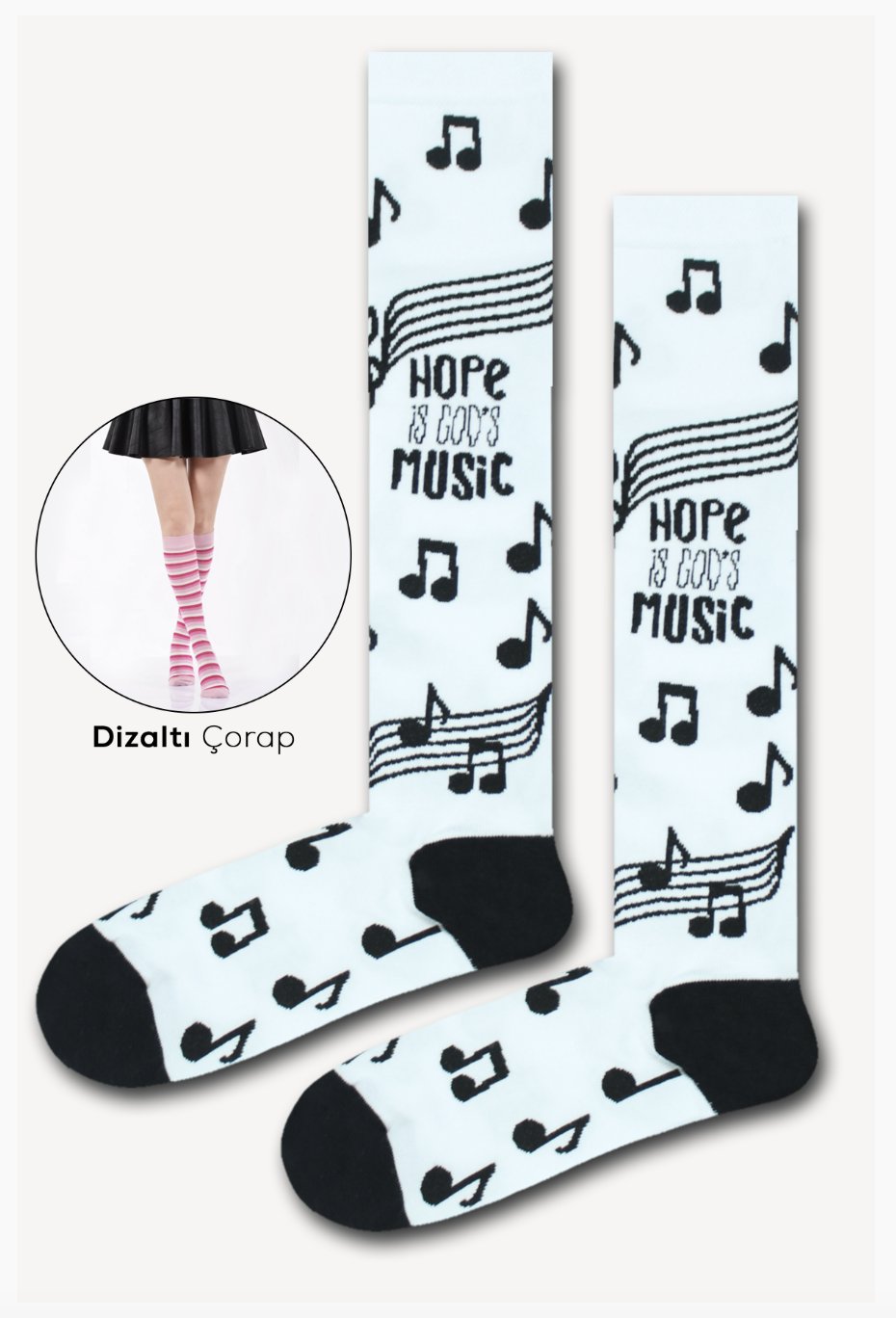 Hope is Gods Music Nota Desenli Dizaltı Çorap