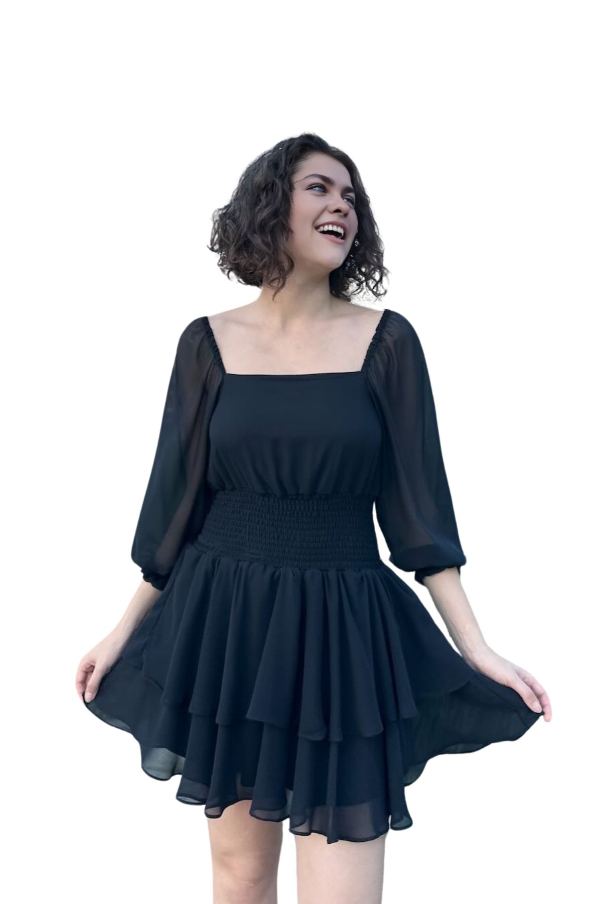 Kadın Beli Gipeli Fırfırlı Mini Şifon Elbise