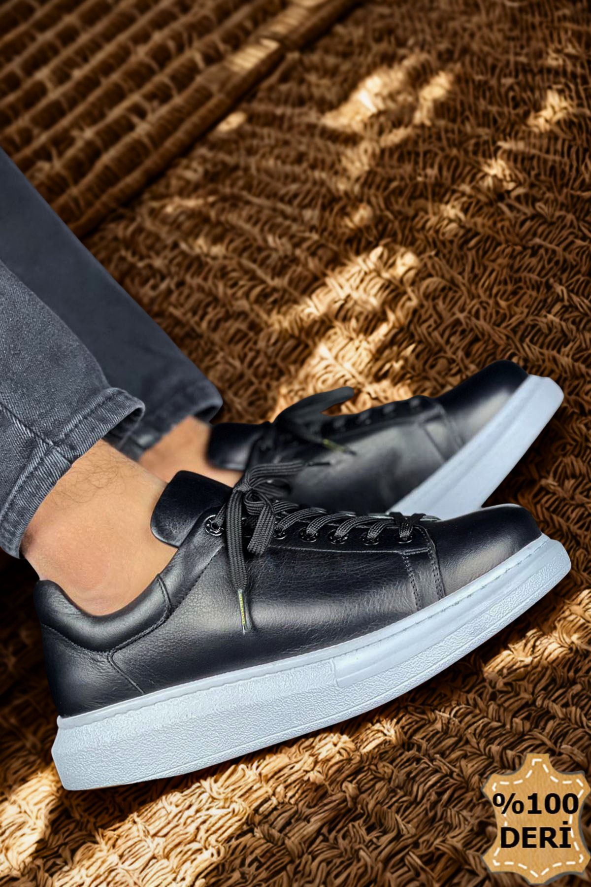 Hakiki Deri Erkek Siyah/Beyaz Sneaker Ayakkabı-257