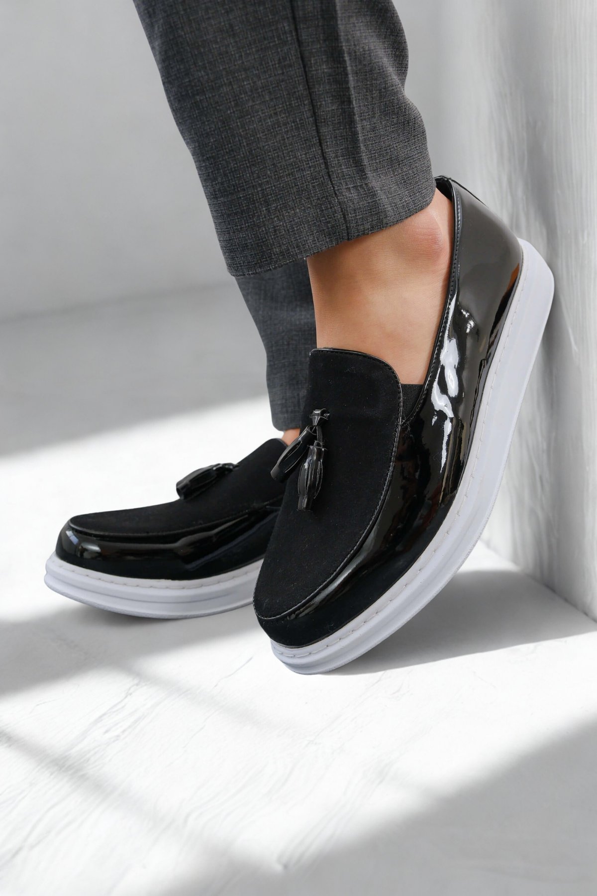 Erkek Loafer Casual Klasik Rugan Ayakkabı Siyah/Beyaz MN002