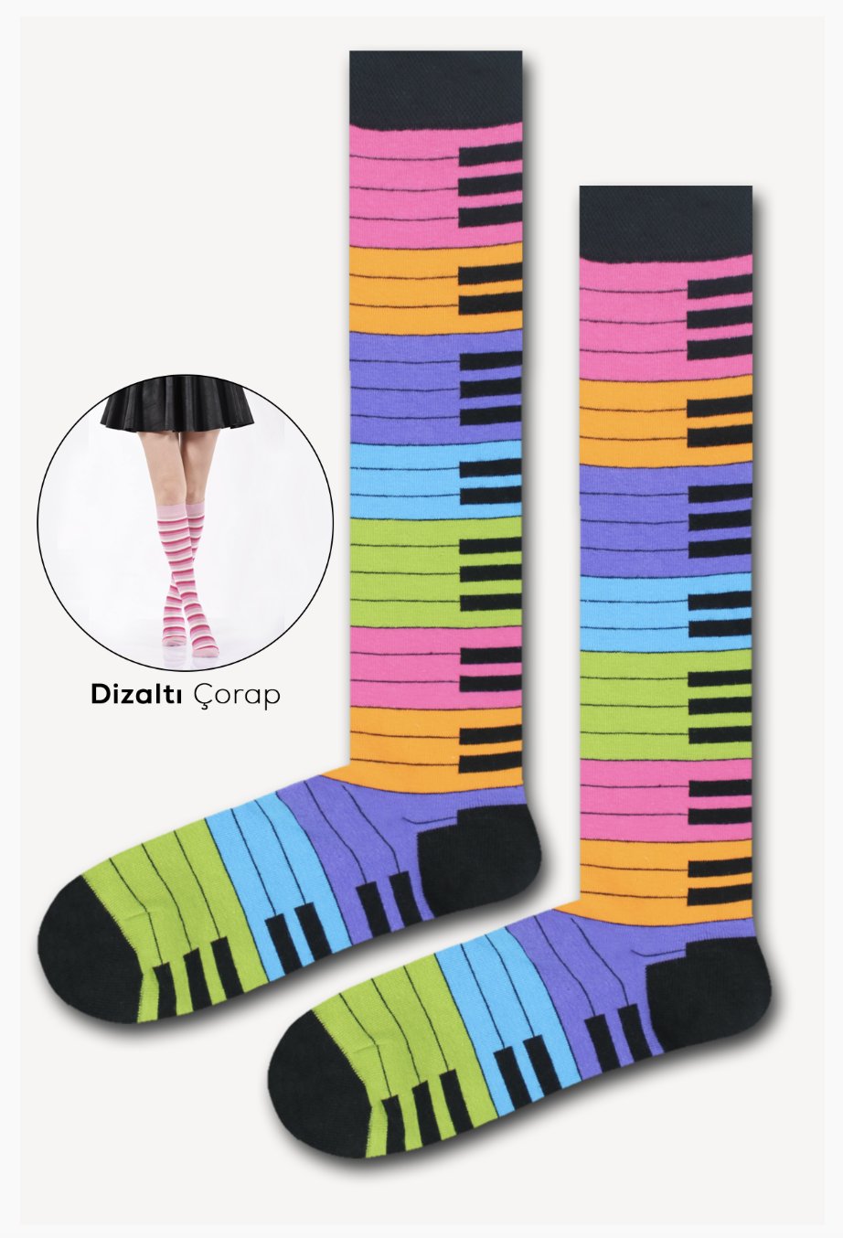 Piyano Desenli Renkli Dizaltı Çorap