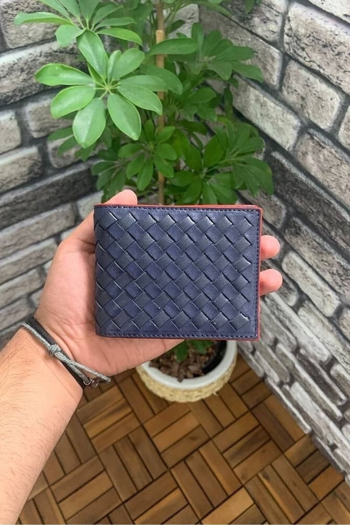 Hakiki Deri Örgü Desenli Kırmızı Kenarlı Lacivert Erkek Cüzdanı (T1068)