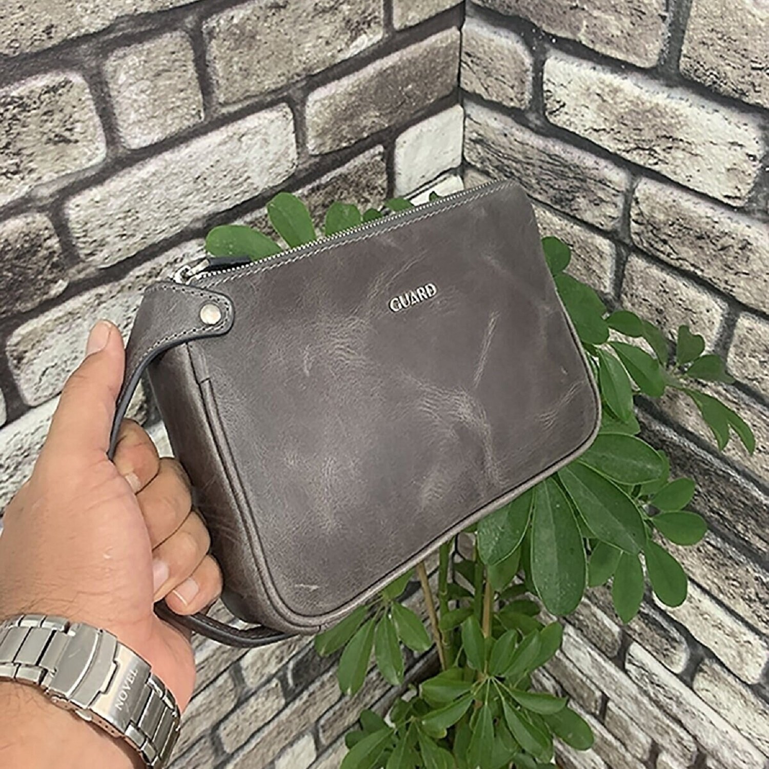 Hakiki Deri Çift Fermuarlı Antik Gri Erkek El Çantası (T1557)