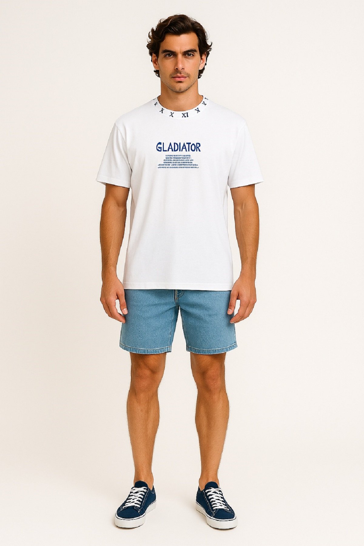 Erkek Sıfır Yaka Önü ve Yakası Baskılı Pamuk T-Shirt