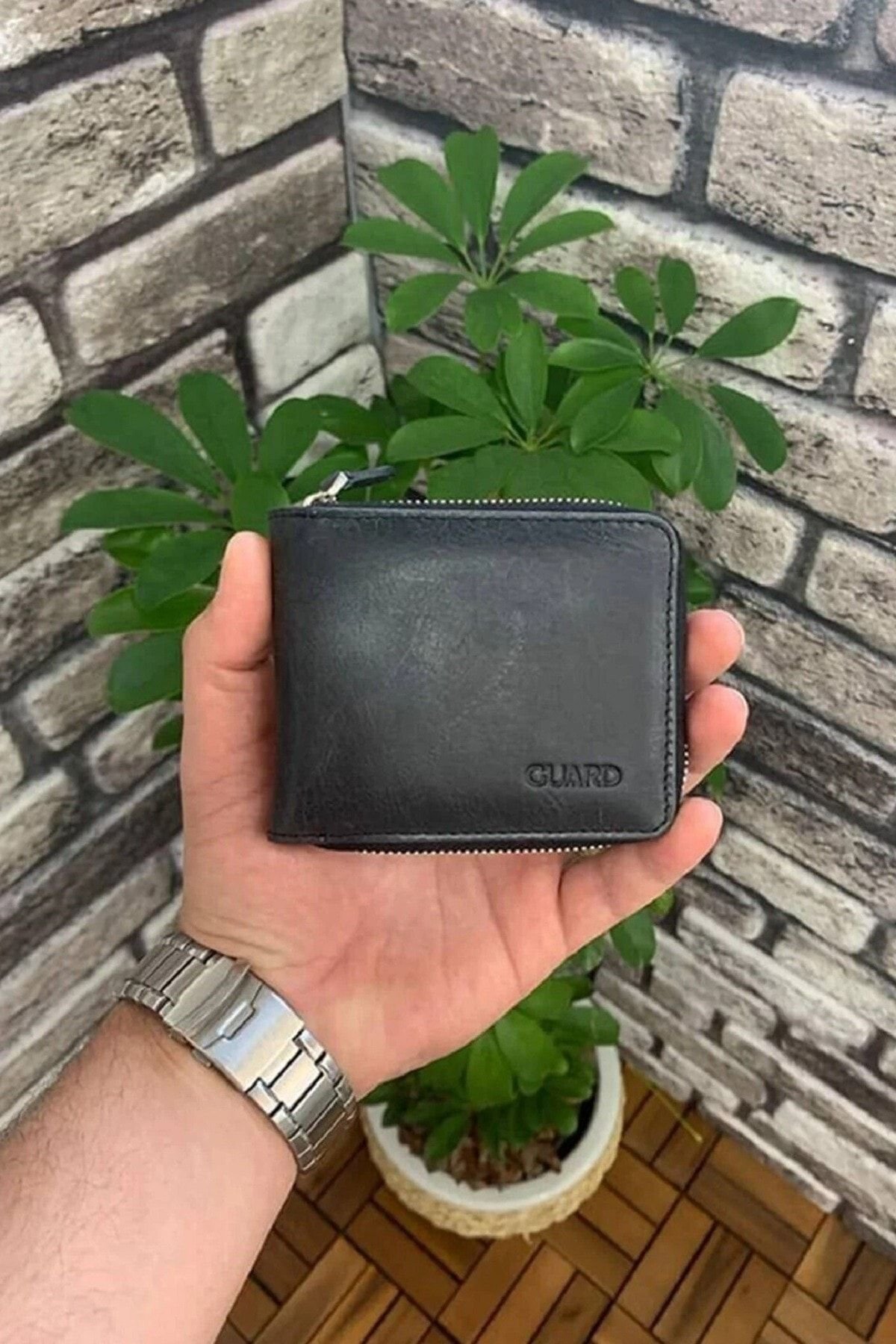 Derije Hakiki Deri Antik Siyah Fermuarlı Mini Erkek Cüzdanı (T1485)